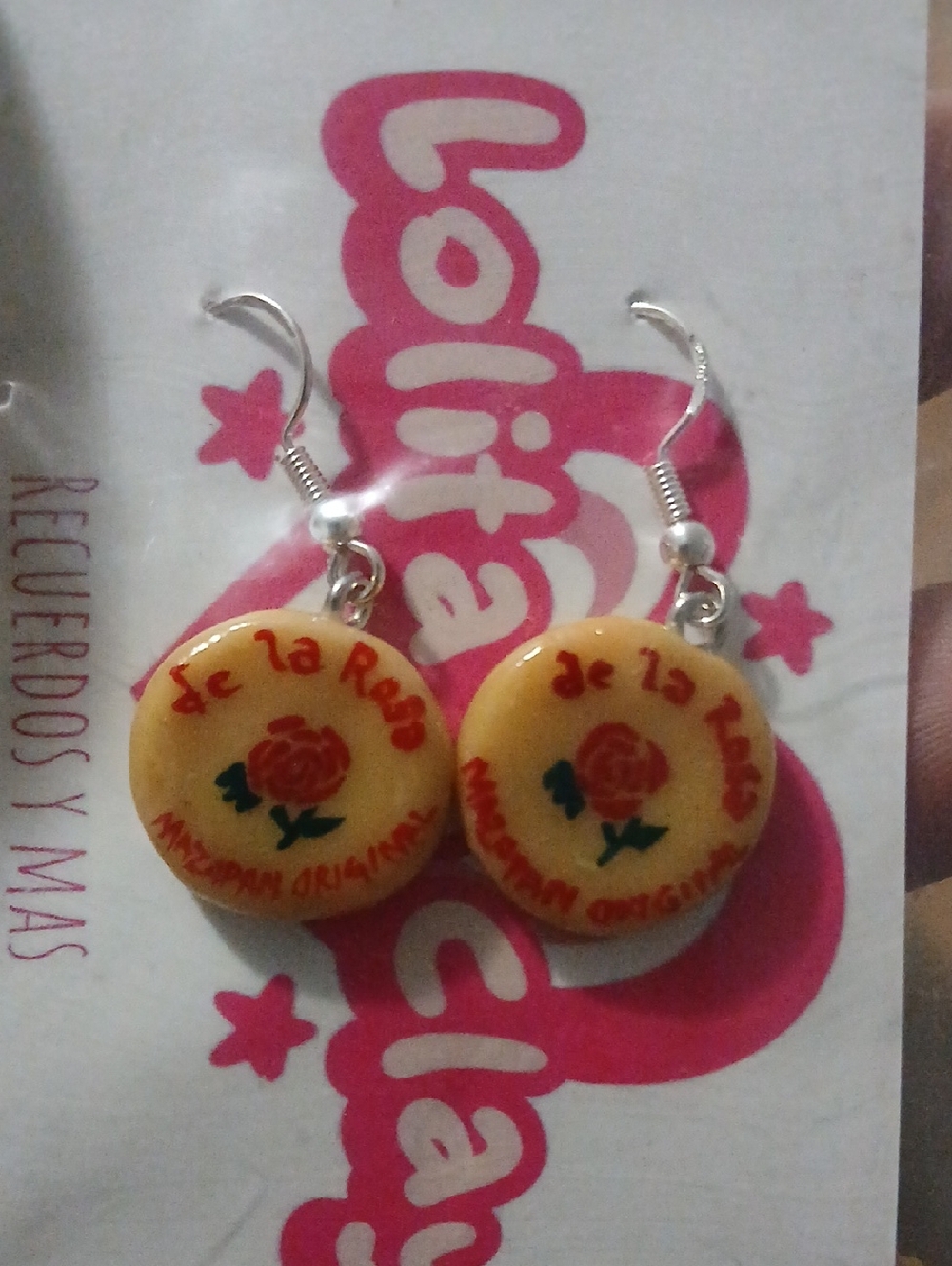 Round Rose Motif Dangle Earrings - Yellow with Red Rose